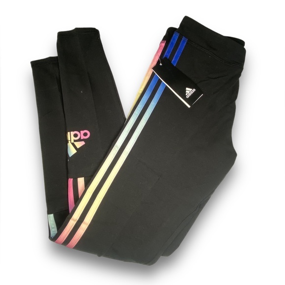 Adidas Girls Regular Fit Black with Rainbow Stripes Cotton Leggings Size XL NWT - Picture 4 of 4